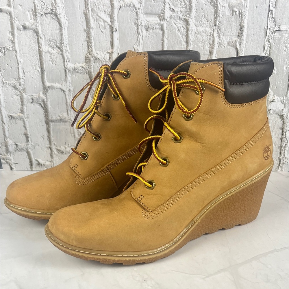 Timberland Amston Wedge Boots Womens 8 Wheat Nubuck Leather Lace Up